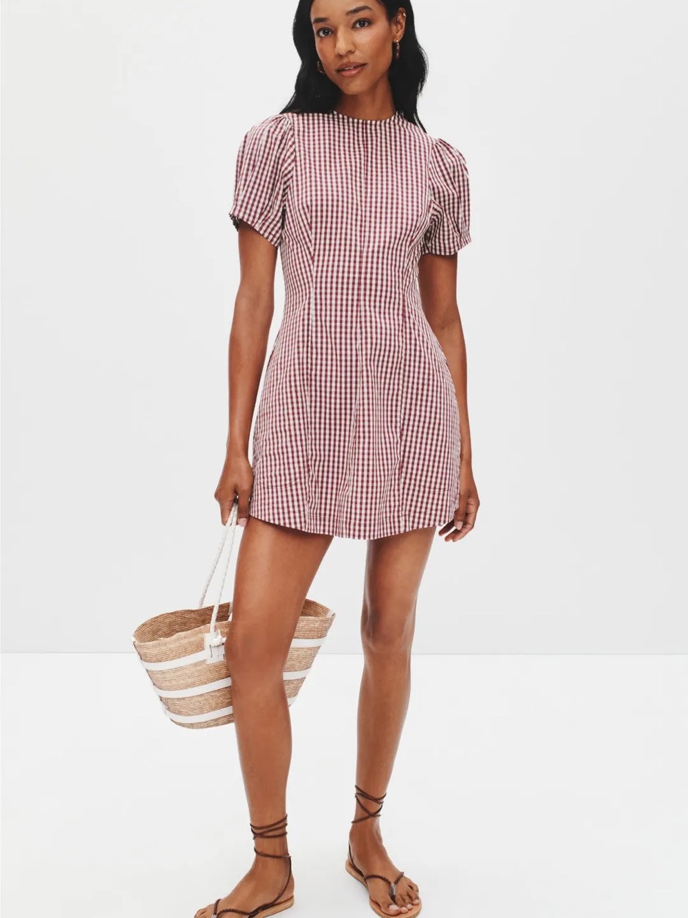Weworewhat Gingham puff sleeve Short Sleeve Mini Dress in Burgundy NWT - Picture 2 of 3